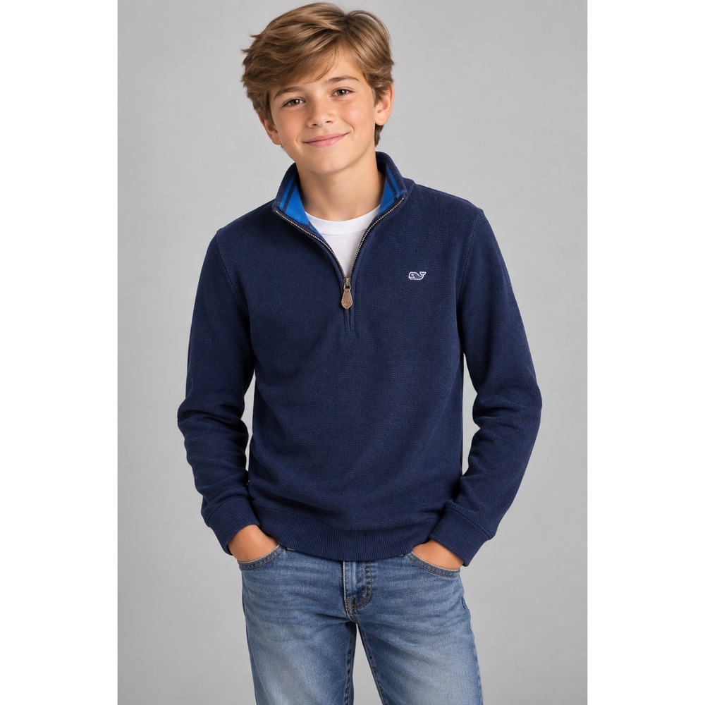 Vineyard Vines Navy Blue Waffle Knit Quarter Zip Preppy Sweater Youth Size L